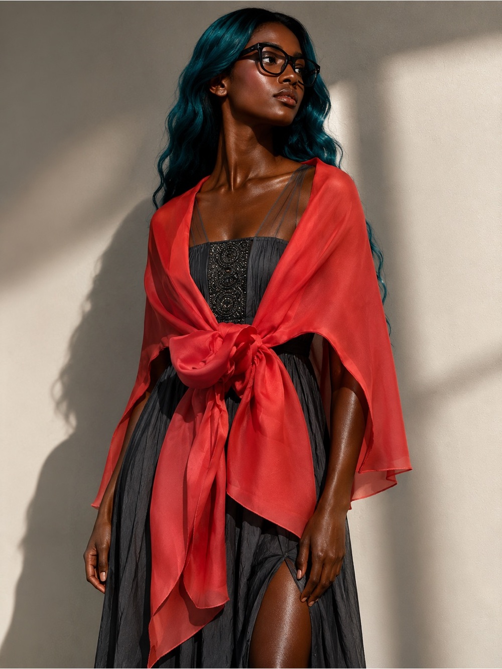 Elegant Red Sheer Tie-Front Shawl Wrap by